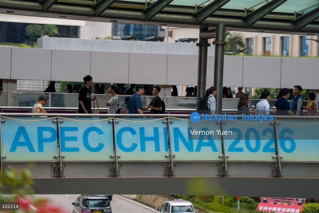 Banners for APEC 2026 on a footbridge on October 6, 2026 in Hong Kong. (Photo by Vernon Yuen/Nexpher Images)