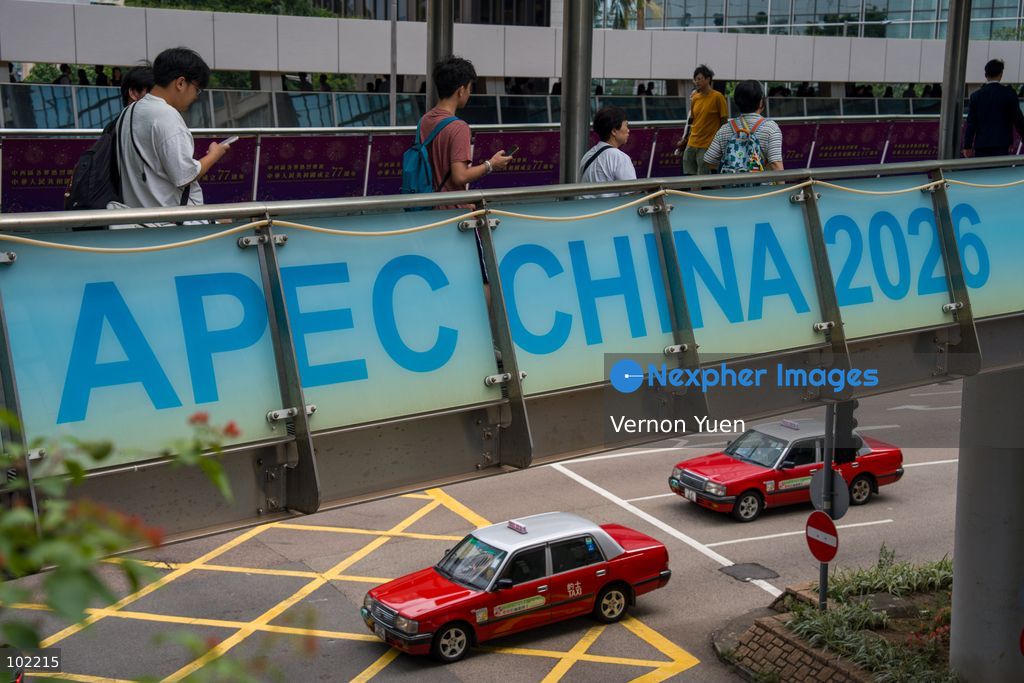 Banners for APEC 2026 on a footbridge on October 6, 2026 in Hong Kong. (Photo by Vernon Yuen/Nexpher Images)