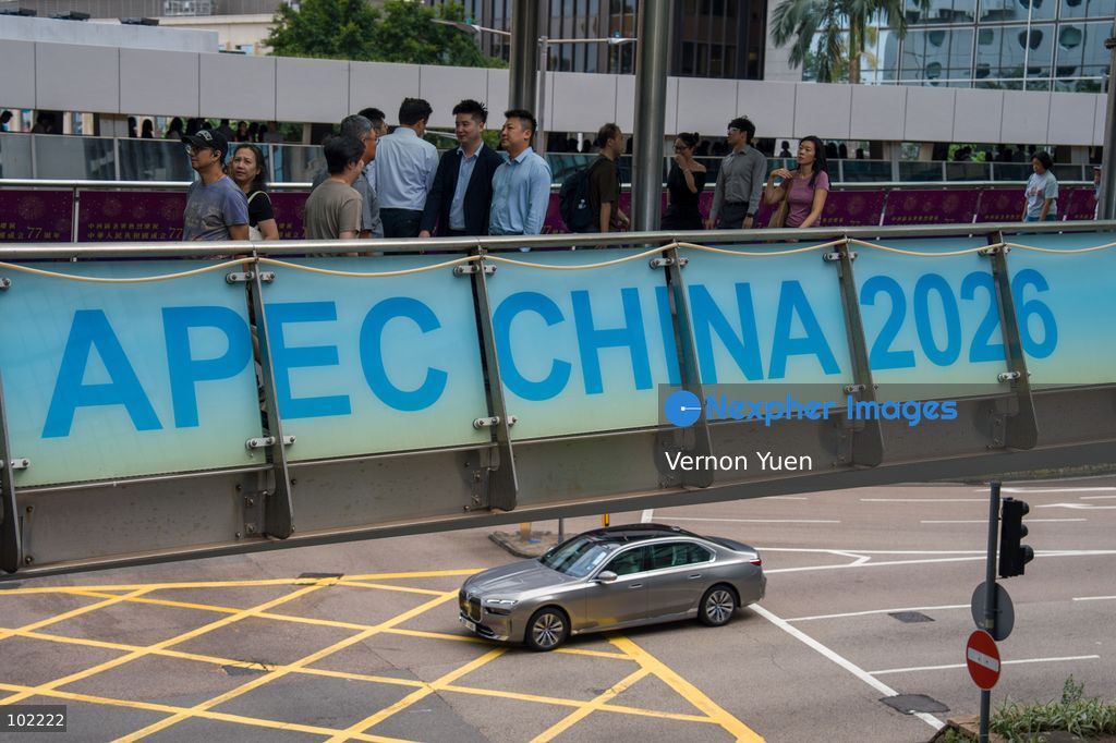 Banners for APEC 2026 on a footbridge on October 6, 2026 in Hong Kong. (Photo by Vernon Yuen/Nexpher Images)