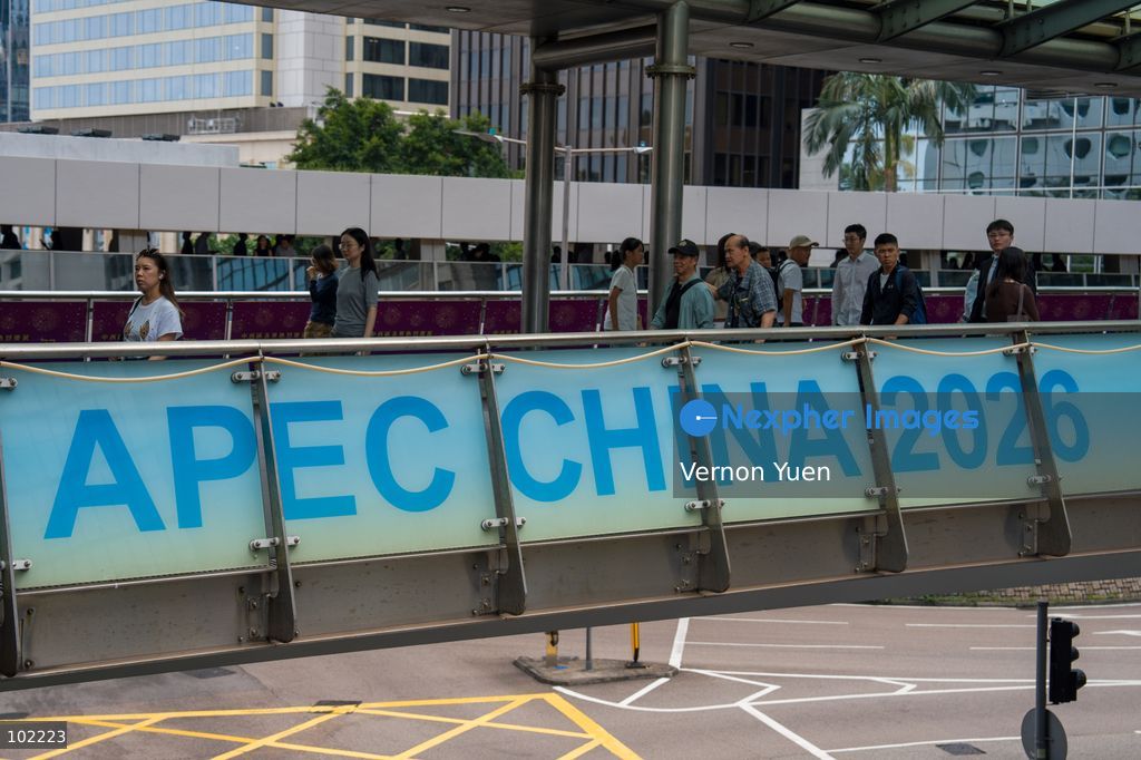 Banners for APEC 2026 on a footbridge on October 6, 2026 in Hong Kong. (Photo by Vernon Yuen/Nexpher Images)
