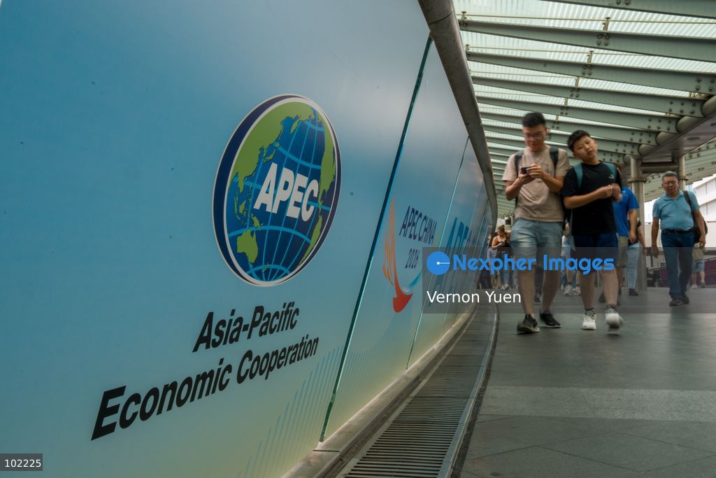 A APEC logo on a footbridge on October 6, 2026 in Hong Kong. (Photo by Vernon Yuen/Nexpher Images)
