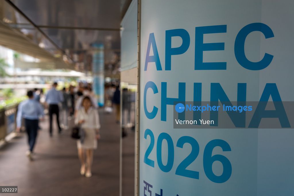Posters for APEC 2026 on a footbridge on October 6, 2026 in Hong Kong. (Photo by Vernon Yuen/Nexpher Images)