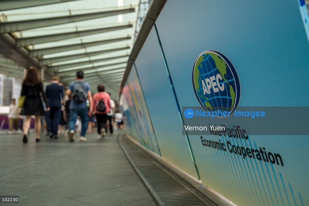 A APEC logo on a footbridge on October 6, 2026 in Hong Kong. (Photo by Vernon Yuen/Nexpher Images)