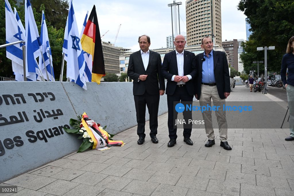 TEL AVIV, ISRAEL, OCTOBER 6, 2026: Tel Aviv-Yafo Mayor Ron Huldai, Berlin Governing Mayor Kai Wegner and German Ambassador to Israel Alexander Graf Lambsdorff lay a memorial wreath at Hostages Square in Tel Aviv ahead of the third anniversary of the October 7, 2023 attacks. Wegner is visiting Israel from October 6 to 8 for meetings and commemorative events aimed at strengthening ties between Berlin and Tel Aviv. Photo by Paulina Patimer / JNA Press. (Photo by Paulina Patimer/JNA Press via Nexpher Images)