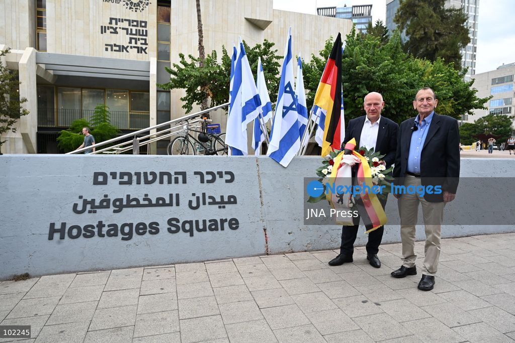 TEL AVIV, ISRAEL, OCTOBER 6, 2026: Tel Aviv-Yafo Mayor Ron Huldai, Berlin Governing Mayor Kai Wegner and German Ambassador to Israel Alexander Graf Lambsdorff lay a memorial wreath at Hostages Square in Tel Aviv ahead of the third anniversary of the October 7, 2023 attacks. Wegner is visiting Israel from October 6 to 8 for meetings and commemorative events aimed at strengthening ties between Berlin and Tel Aviv. Photo by Paulina Patimer / JNA Press. (Photo by Paulina Patimer/JNA Press via Nexpher Images)