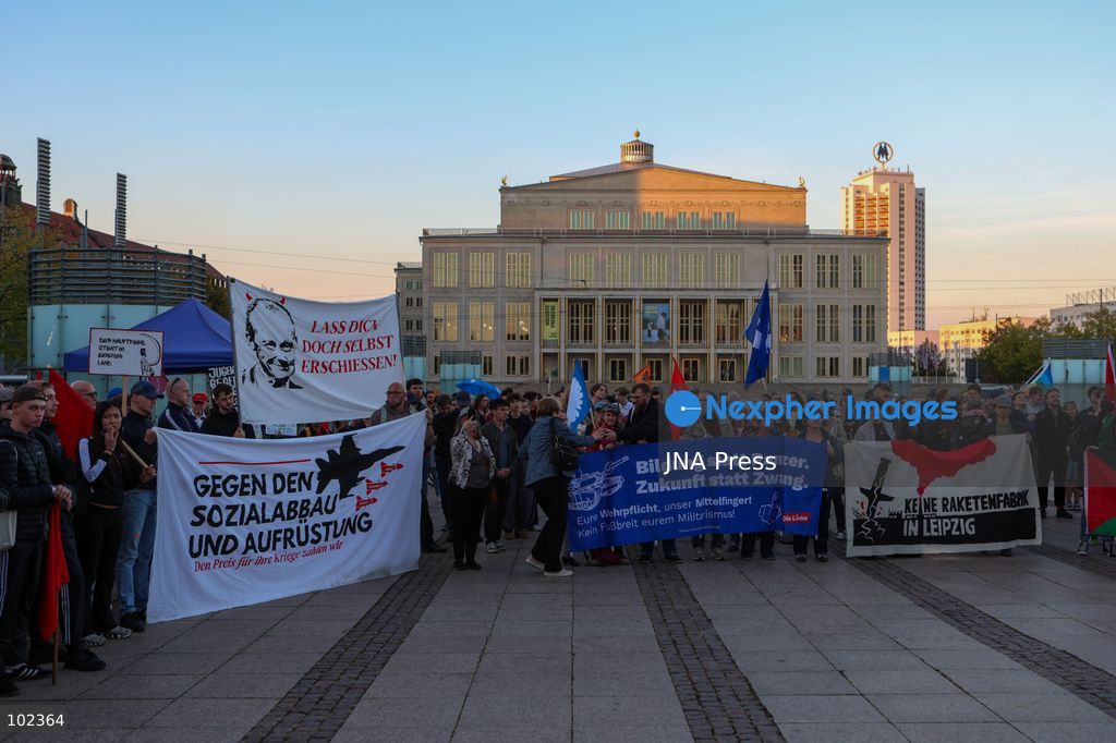 LEIPZIG, GERMANY, OCTOBER 6, 2026: Around 250 people gathered at Augustusplatz in Leipzig following the opening of a new Covenant factory. Demonstrators carried banners and placards and collected signatures during the rally, voicing their opposition to the expansion of arms production in the city. The protest brought together activists and members of peace groups in Leipzig’s city centre. Photo by Maria Castro / JNA Press (Photo by Maria Castro/JNA Press via Nexpher Images)