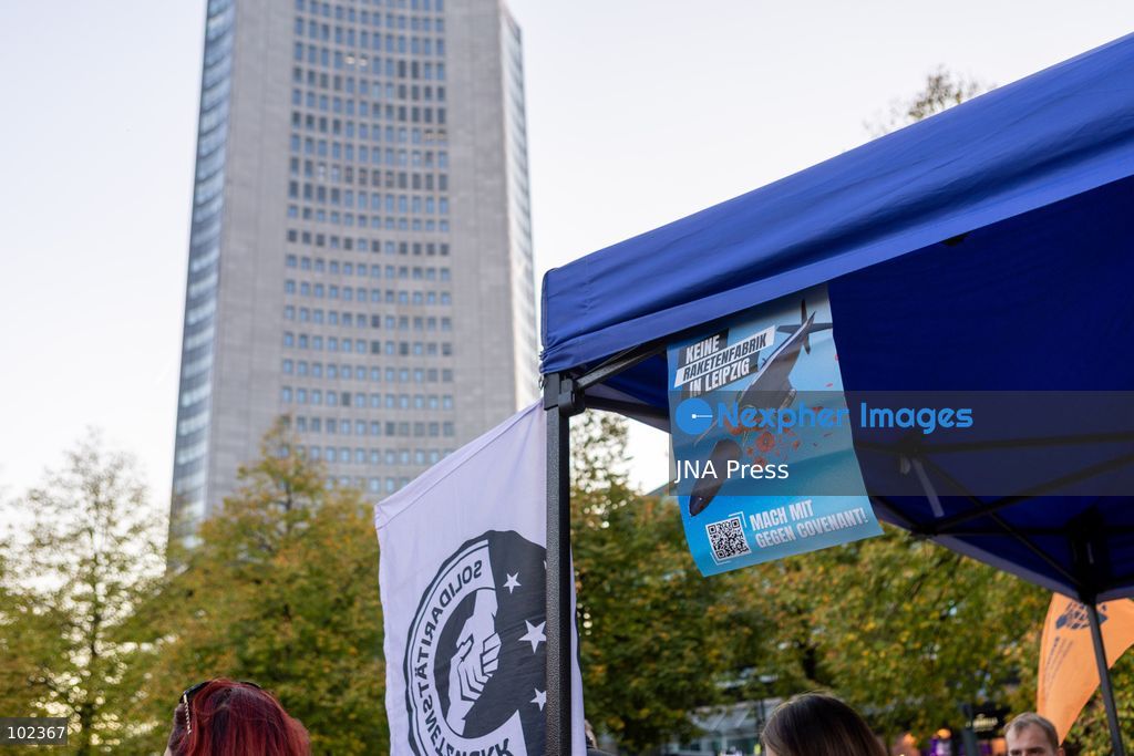 LEIPZIG, GERMANY, OCTOBER 6, 2026: Around 250 people gathered at Augustusplatz in Leipzig following the opening of a new Covenant factory. Demonstrators carried banners and placards and collected signatures during the rally, voicing their opposition to the expansion of arms production in the city. The protest brought together activists and members of peace groups in Leipzig’s city centre. Photo by Maria Castro / JNA Press (Photo by Maria Castro/JNA Press via Nexpher Images)