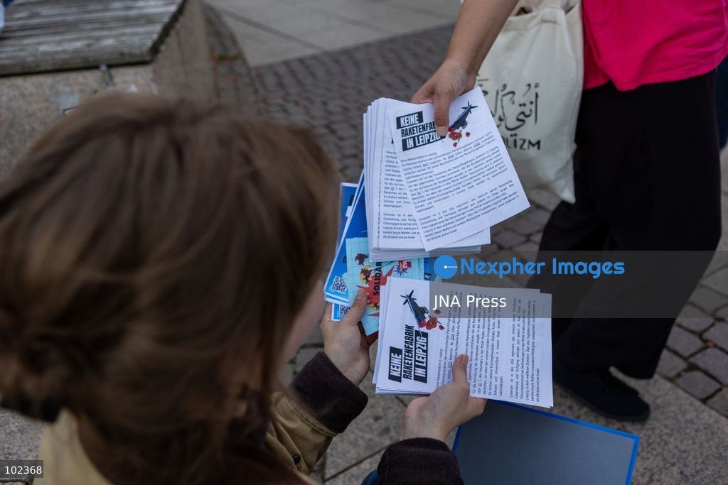 LEIPZIG, GERMANY, OCTOBER 6, 2026: Around 250 people gathered at Augustusplatz in Leipzig following the opening of a new Covenant factory. Demonstrators carried banners and placards and collected signatures during the rally, voicing their opposition to the expansion of arms production in the city. The protest brought together activists and members of peace groups in Leipzig’s city centre. Photo by Maria Castro / JNA Press (Photo by Maria Castro/JNA Press via Nexpher Images)