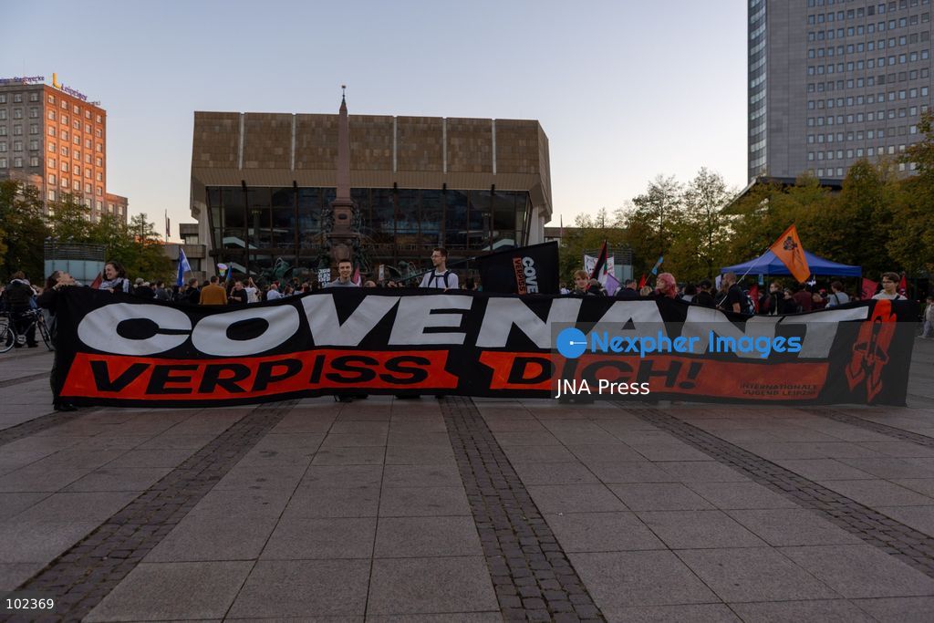 LEIPZIG, GERMANY, OCTOBER 6, 2026: Around 250 people gathered at Augustusplatz in Leipzig following the opening of a new Covenant factory. Demonstrators carried banners and placards and collected signatures during the rally, voicing their opposition to the expansion of arms production in the city. The protest brought together activists and members of peace groups in Leipzig’s city centre. Photo by Maria Castro / JNA Press (Photo by Maria Castro/JNA Press via Nexpher Images)