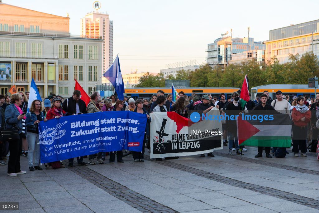 LEIPZIG, GERMANY, OCTOBER 6, 2026: Around 250 people gathered at Augustusplatz in Leipzig following the opening of a new Covenant factory. Demonstrators carried banners and placards and collected signatures during the rally, voicing their opposition to the expansion of arms production in the city. The protest brought together activists and members of peace groups in Leipzig’s city centre. Photo by Maria Castro / JNA Press (Photo by Maria Castro/JNA Press via Nexpher Images)