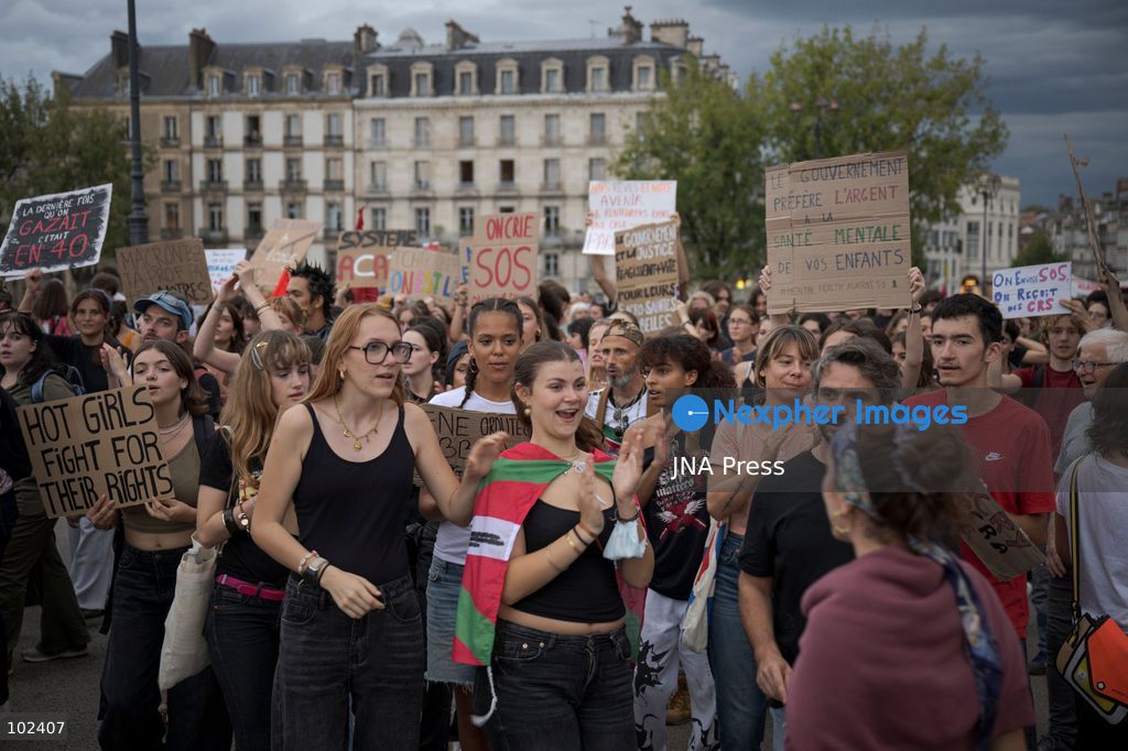 BAYONNE, FRANCE, OCTOBER 6, 2026: Students joined by trade unions, education workers and supporters demonstrate in central Bayonne over shortages of staff and resources in France's public education system and what organizers describe as police repression of the student movement. The rally forms part of nationwide protests that have seen students blockade hundreds of schools since September, demanding more teachers, smaller classes and improved conditions in educational facilities. Photo by Gari Garaialde / JNA Press (Photo by Gari Garaialde/JNA Press via Nexpher Images)