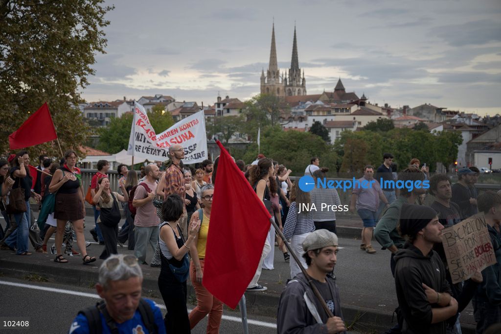 BAYONNE, FRANCE, OCTOBER 6, 2026: Students joined by trade unions, education workers and supporters demonstrate in central Bayonne over shortages of staff and resources in France's public education system and what organizers describe as police repression of the student movement. The rally forms part of nationwide protests that have seen students blockade hundreds of schools since September, demanding more teachers, smaller classes and improved conditions in educational facilities. Photo by Gari Garaialde / JNA Press (Photo by Gari Garaialde/JNA Press via Nexpher Images)