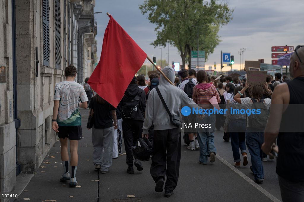 BAYONNE, FRANCE, OCTOBER 6, 2026: Students joined by trade unions, education workers and supporters demonstrate in central Bayonne over shortages of staff and resources in France's public education system and what organizers describe as police repression of the student movement. The rally forms part of nationwide protests that have seen students blockade hundreds of schools since September, demanding more teachers, smaller classes and improved conditions in educational facilities. Photo by Gari Garaialde / JNA Press (Photo by Gari Garaialde/JNA Press via Nexpher Images)