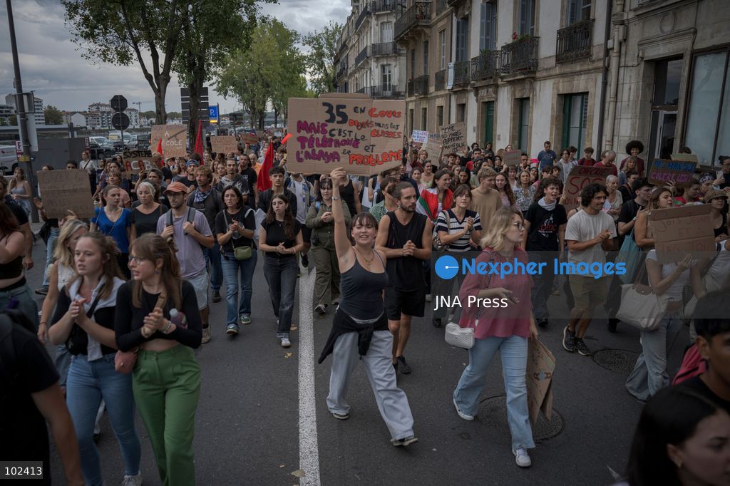 BAYONNE, FRANCE, OCTOBER 6, 2026: Students joined by trade unions, education workers and supporters demonstrate in central Bayonne over shortages of staff and resources in France's public education system and what organizers describe as police repression of the student movement. The rally forms part of nationwide protests that have seen students blockade hundreds of schools since September, demanding more teachers, smaller classes and improved conditions in educational facilities. Photo by Gari Garaialde / JNA Press (Photo by Gari Garaialde/JNA Press via Nexpher Images)