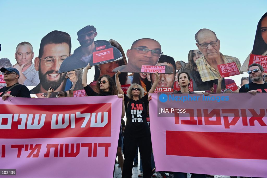 TEL AVIV, ISRAEL, OCTOBER 7, 2026: Families of hostages who died or were killed after being taken to Gaza are joined by crowds in Tel Aviv as Israel marks the third anniversary of the Hamas-led attack on southern Israel. Hamas-led militants killed about 1,200 people and took 251 hostages into Gaza during the October 7, 2023 attack. The anniversary is being marked for the first time with no hostages remaining in Gaza, after the last hostage’s remains were recovered in January 2026.Photo by Shanie Roth/JNA Press (Photo by Shanie Roth/JNA Press via Nexpher Images)