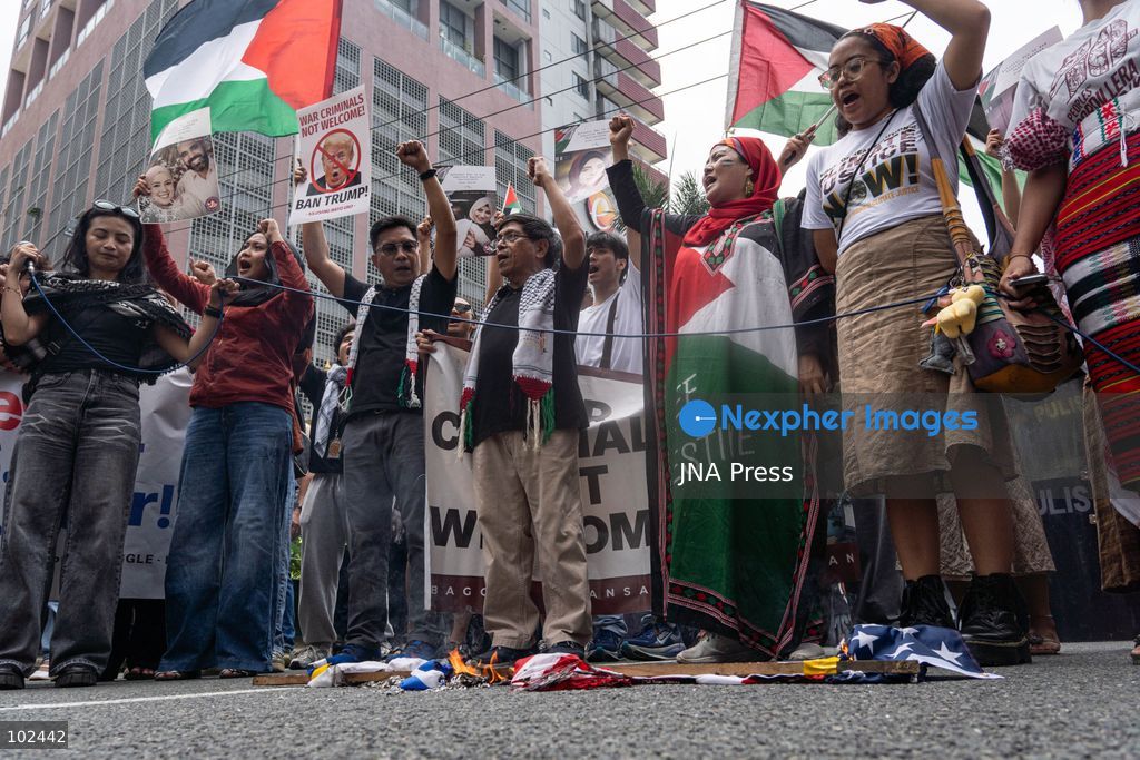 PASAY CITY, PHILIPPINES, OCTOBER 7, 2026: Pro-Palestinian activists and progressive groups march toward the United States Embassy in Manila in solidarity with Palestinians and to protest US military support for Israel on the third anniversary of the October 7, 2023 attacks and the start of the ensuing Gaza war. Demonstrators criticized continued US arms support for Israel and accused the Philippine government of failing to take stronger action over the war in Gaza. More than 74,000 Palestinians have been killed in Gaza since October 2023, according to Gaza health authorities. Photo by Charles Edmon (Photo by Charles Edmon S. Perez/JNA Press via Nexpher Images)