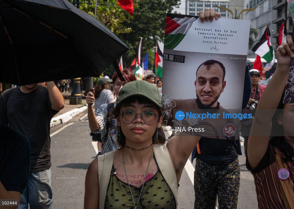 PASAY CITY, PHILIPPINES, OCTOBER 7, 2026: Pro-Palestinian activists and progressive groups march toward the United States Embassy in Manila in solidarity with Palestinians and to protest US military support for Israel on the third anniversary of the October 7, 2023 attacks and the start of the ensuing Gaza war. Demonstrators criticized continued US arms support for Israel and accused the Philippine government of failing to take stronger action over the war in Gaza. More than 74,000 Palestinians have been killed in Gaza since October 2023, according to Gaza health authorities. Photo by Charles Edmon (Photo by Charles Edmon S. Perez/JNA Press via Nexpher Images)