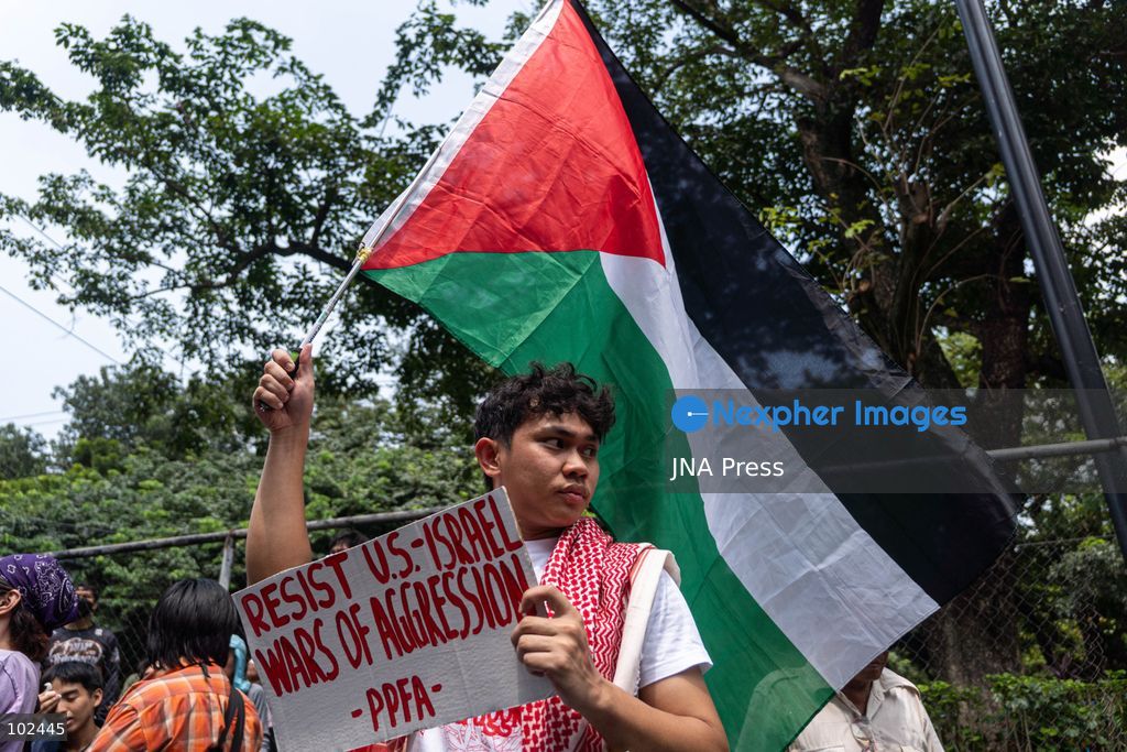 PASAY CITY, PHILIPPINES, OCTOBER 7, 2026: Pro-Palestinian activists and progressive groups march toward the United States Embassy in Manila in solidarity with Palestinians and to protest US military support for Israel on the third anniversary of the October 7, 2023 attacks and the start of the ensuing Gaza war. Demonstrators criticized continued US arms support for Israel and accused the Philippine government of failing to take stronger action over the war in Gaza. More than 74,000 Palestinians have been killed in Gaza since October 2023, according to Gaza health authorities. Photo by Charles Edmon (Photo by Charles Edmon S. Perez/JNA Press via Nexpher Images)