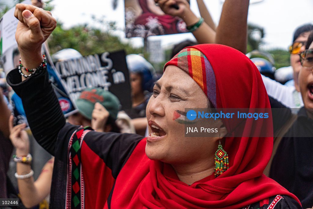 PASAY CITY, PHILIPPINES, OCTOBER 7, 2026: Pro-Palestinian activists and progressive groups march toward the United States Embassy in Manila in solidarity with Palestinians and to protest US military support for Israel on the third anniversary of the October 7, 2023 attacks and the start of the ensuing Gaza war. Demonstrators criticized continued US arms support for Israel and accused the Philippine government of failing to take stronger action over the war in Gaza. More than 74,000 Palestinians have been killed in Gaza since October 2023, according to Gaza health authorities. Photo by Charles Edmon (Photo by Charles Edmon S. Perez/JNA Press via Nexpher Images)