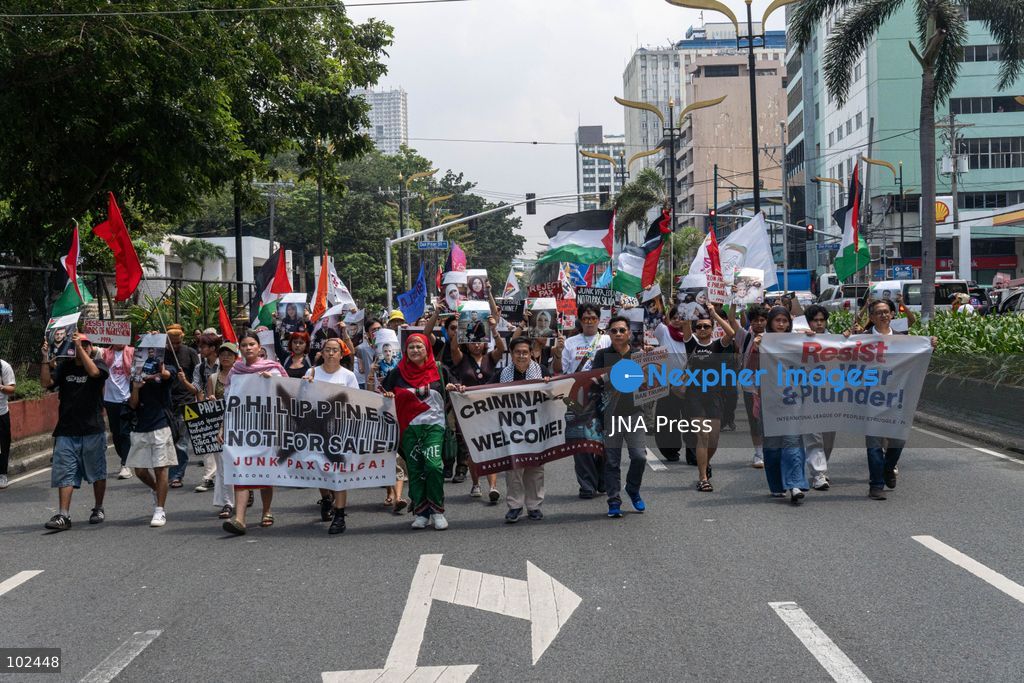 PASAY CITY, PHILIPPINES, OCTOBER 7, 2026: Pro-Palestinian activists and progressive groups march toward the United States Embassy in Manila in solidarity with Palestinians and to protest US military support for Israel on the third anniversary of the October 7, 2023 attacks and the start of the ensuing Gaza war. Demonstrators criticized continued US arms support for Israel and accused the Philippine government of failing to take stronger action over the war in Gaza. More than 74,000 Palestinians have been killed in Gaza since October 2023, according to Gaza health authorities. Photo by Charles Edmon (Photo by Charles Edmon S. Perez/JNA Press via Nexpher Images)