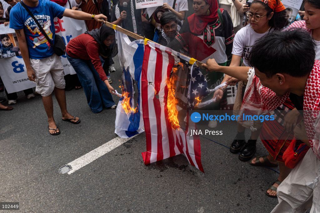 PASAY CITY, PHILIPPINES, OCTOBER 7, 2026: Pro-Palestinian activists and progressive groups march toward the United States Embassy in Manila in solidarity with Palestinians and to protest US military support for Israel on the third anniversary of the October 7, 2023 attacks and the start of the ensuing Gaza war. Demonstrators criticized continued US arms support for Israel and accused the Philippine government of failing to take stronger action over the war in Gaza. More than 74,000 Palestinians have been killed in Gaza since October 2023, according to Gaza health authorities. Photo by Charles Edmon (Photo by Charles Edmon S. Perez/JNA Press via Nexpher Images)