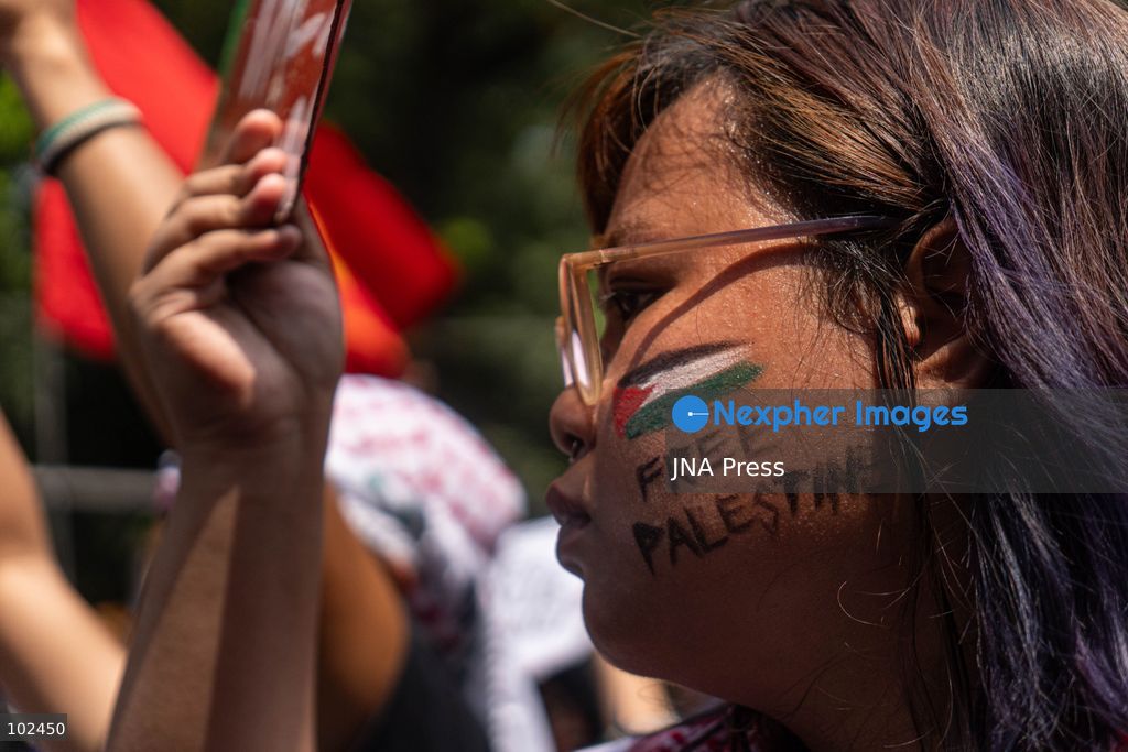 PASAY CITY, PHILIPPINES, OCTOBER 7, 2026: Pro-Palestinian activists and progressive groups march toward the United States Embassy in Manila in solidarity with Palestinians and to protest US military support for Israel on the third anniversary of the October 7, 2023 attacks and the start of the ensuing Gaza war. Demonstrators criticized continued US arms support for Israel and accused the Philippine government of failing to take stronger action over the war in Gaza. More than 74,000 Palestinians have been killed in Gaza since October 2023, according to Gaza health authorities. Photo by Charles Edmon (Photo by Charles Edmon S. Perez/JNA Press via Nexpher Images)