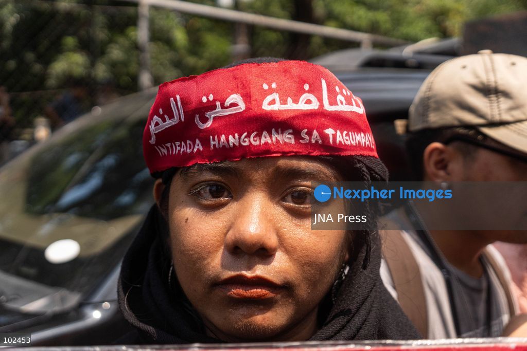 PASAY CITY, PHILIPPINES, OCTOBER 7, 2026: Pro-Palestinian activists and progressive groups march toward the United States Embassy in Manila in solidarity with Palestinians and to protest US military support for Israel on the third anniversary of the October 7, 2023 attacks and the start of the ensuing Gaza war. Demonstrators criticized continued US arms support for Israel and accused the Philippine government of failing to take stronger action over the war in Gaza. More than 74,000 Palestinians have been killed in Gaza since October 2023, according to Gaza health authorities. Photo by Charles Edmon (Photo by Charles Edmon S. Perez/JNA Press via Nexpher Images)