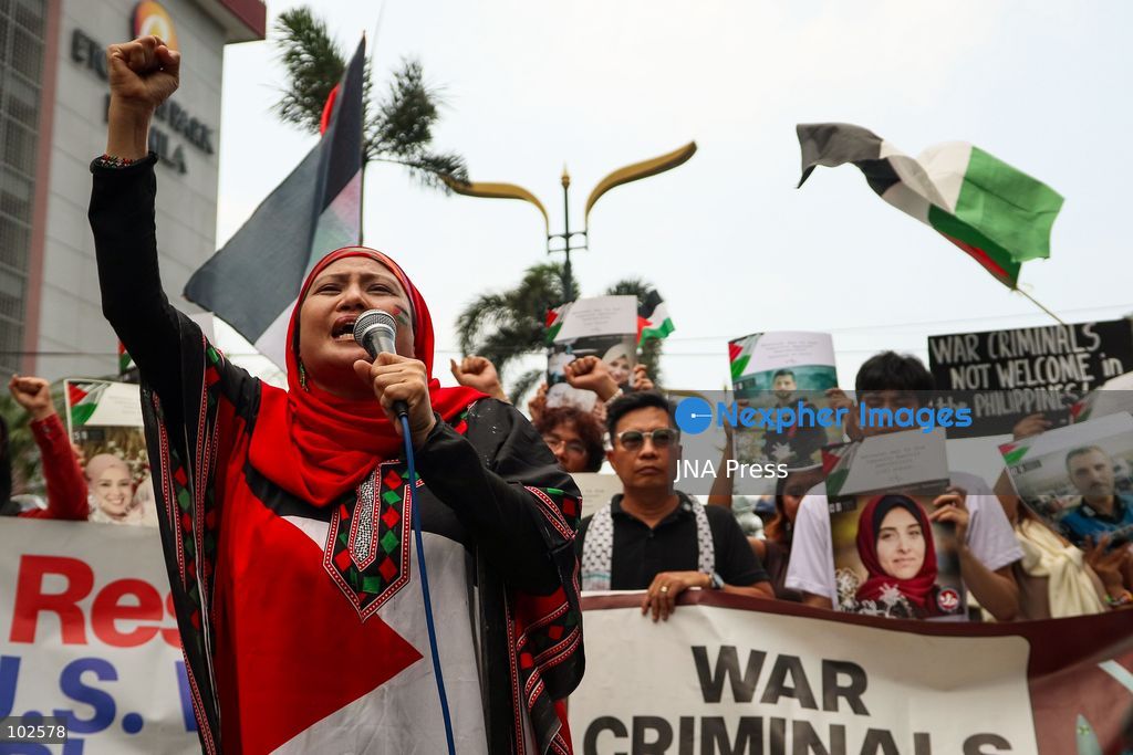 MANILA, PHILIPPINES, OCTOBER 7, 2026: Filipino activists rally near the United States Embassy in Manila in solidarity with Palestinians, marking three years since the October 7 attacks and the start of the Gaza war. Demonstrators condemned US military support for Israel and called for an end to the war in Gaza. Protesters also voiced opposition to the US-led Pax Silica initiative and the Luzon Economic Corridor, citing concerns over their potential impact on local communities, agricultural land and ancestral domains in the Philippines. Photo by Emman Capones / JNA PRESS (Photo by Emman Capones/JNA Press via Nexpher Images)