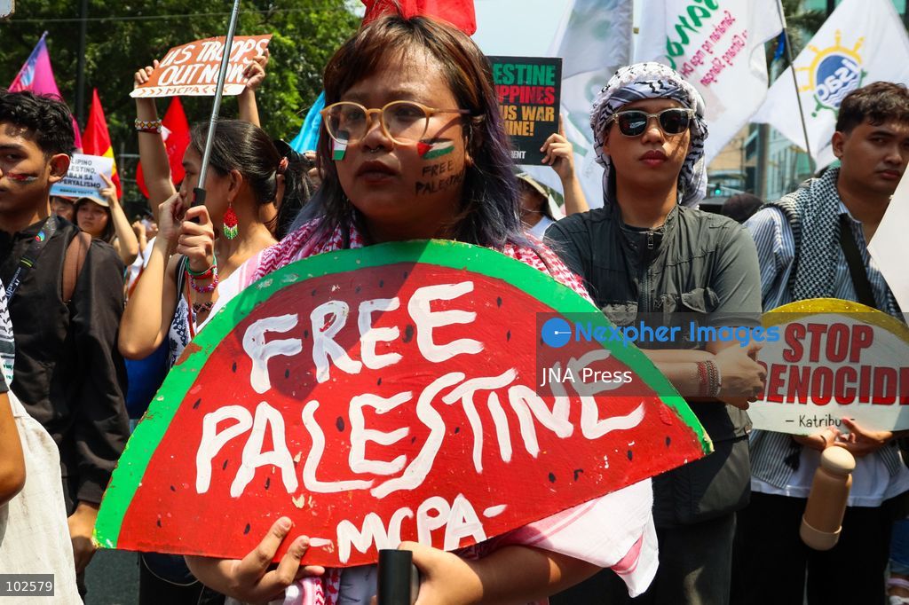 MANILA, PHILIPPINES, OCTOBER 7, 2026: Filipino activists rally near the United States Embassy in Manila in solidarity with Palestinians, marking three years since the October 7 attacks and the start of the Gaza war. Demonstrators condemned US military support for Israel and called for an end to the war in Gaza. Protesters also voiced opposition to the US-led Pax Silica initiative and the Luzon Economic Corridor, citing concerns over their potential impact on local communities, agricultural land and ancestral domains in the Philippines. Photo by Emman Capones / JNA PRESS (Photo by Emman Capones/JNA Press via Nexpher Images)
