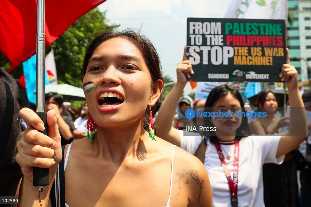 MANILA, PHILIPPINES, OCTOBER 7, 2026: Filipino activists rally near the United States Embassy in Manila in solidarity with Palestinians, marking three years since the October 7 attacks and the start of the Gaza war. Demonstrators condemned US military support for Israel and called for an end to the war in Gaza. Protesters also voiced opposition to the US-led Pax Silica initiative and the Luzon Economic Corridor, citing concerns over their potential impact on local communities, agricultural land and ancestral domains in the Philippines. Photo by Emman Capones / JNA PRESS (Photo by Emman Capones/JNA Press via Nexpher Images)