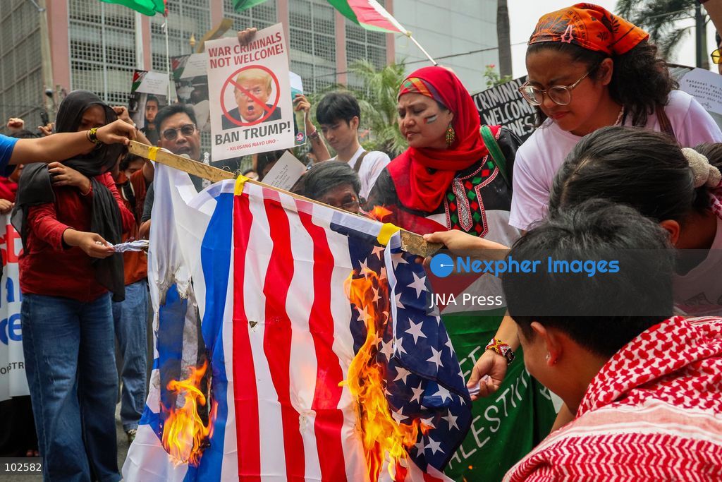 MANILA, PHILIPPINES, OCTOBER 7, 2026: Filipino activists rally near the United States Embassy in Manila in solidarity with Palestinians, marking three years since the October 7 attacks and the start of the Gaza war. Demonstrators condemned US military support for Israel and called for an end to the war in Gaza. Protesters also voiced opposition to the US-led Pax Silica initiative and the Luzon Economic Corridor, citing concerns over their potential impact on local communities, agricultural land and ancestral domains in the Philippines. Photo by Emman Capones / JNA PRESS (Photo by Emman Capones/JNA Press via Nexpher Images)