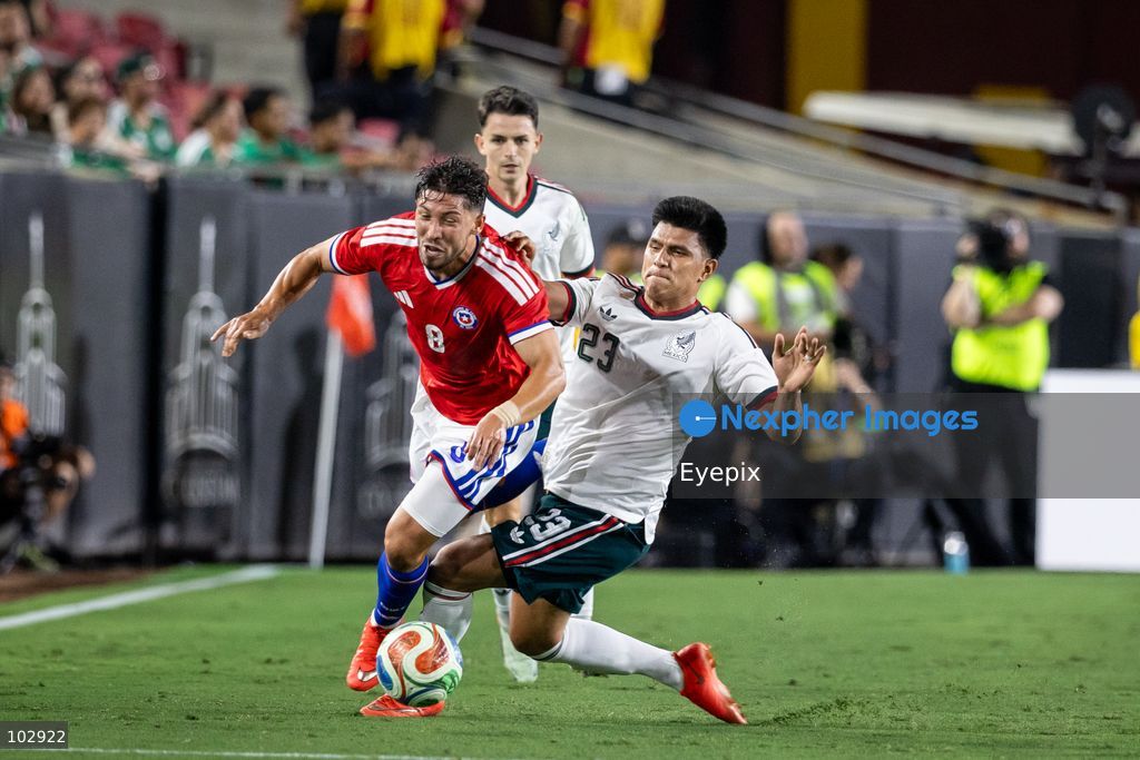 Jesus Gallardo #23 of Mexico national team and Felipe Loyola #8 of Chile national team battle for the ball during the International Friendly football match between Mexico and Chile at Los Angeles Memorial Coliseum on October 6, 2026 in Pasadena, California. (Photo by Arturo Cordero / Eyepix Group) (Photo by Arturo Cordero / Eyepix Group/Eyepix via Nexpher Images)