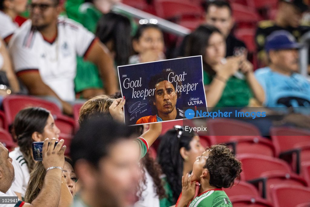 A Mexican fan holds a banner of Guillermo Ochoa during the International Friendly football match between Mexico and Chile at Los Angeles Memorial Coliseum on October 6, 2026 in Pasadena, California. (Photo by Arturo Cordero / Eyepix Group) (Photo by Arturo Cordero / Eyepix Group/Eyepix via Nexpher Images)
