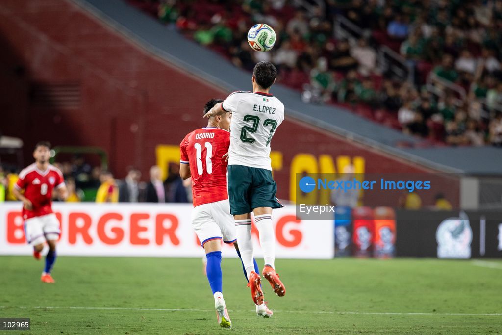 Everado López #27 of Mexico national team heads the ball during the International Friendly football match between Mexico and Chile at Los Angeles Memorial Coliseum on October 6, 2026 in Pasadena, California. (Photo by Arturo Cordero / Eyepix Group) (Photo by Arturo Cordero / Eyepix Group/Eyepix via Nexpher Images)