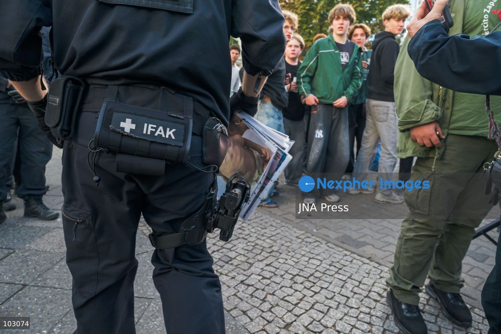 BERLIN, GERMANY, OCTOBER 7, 2026: Demonstrators gather at Checkpoint Charlie in central Berlin to mark three years since the start of the Gaza war. Participants protest against Israel’s military actions in Gaza, which they describe as genocide, and express solidarity with Palestinians. Photo by Nikos Kanistras / JNA Press. (Photo by Nikos Kanistras/JNA Press via Nexpher Images)