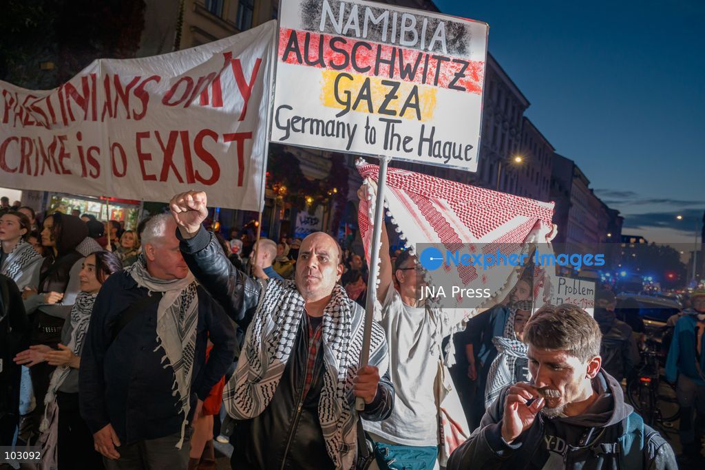 BERLIN, GERMANY, OCTOBER 7, 2026: Pro-Palestinian demonstrators march through Berlin's Kreuzberg district during a protest marking three years since the October 7 attacks and the start of the war in Gaza. The march encountered a small pro-Israel counter-demonstration along its route, with opposing groups exchanging chants. Berlin police later halted and dispersed the march before it reached its planned endpoint at Hermannplatz. Photo by Nikos Kanistras / JNA Press. (Photo by Nikos Kanistras/JNA Press via Nexpher Images)