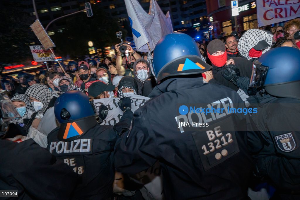 BERLIN, GERMANY, OCTOBER 7, 2026: Pro-Palestinian demonstrators march through Berlin's Kreuzberg district during a protest marking three years since the October 7 attacks and the start of the war in Gaza. The march encountered a small pro-Israel counter-demonstration along its route, with opposing groups exchanging chants. Berlin police later halted and dispersed the march before it reached its planned endpoint at Hermannplatz. Photo by Nikos Kanistras / JNA Press. (Photo by Nikos Kanistras/JNA Press via Nexpher Images)