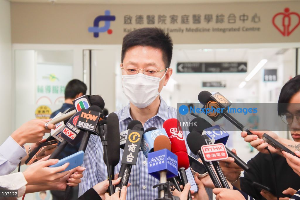The first-ever patient at Kai Tak Hospital speaks to reporters about their experience on the hospital's opening day in Hong Kong on October 5, 2026. The hospital began its first phase of operations with the opening of its Family Medicine Integrated Centre. (Photo by Gordon Choi/TMHK via Nexpher Images)