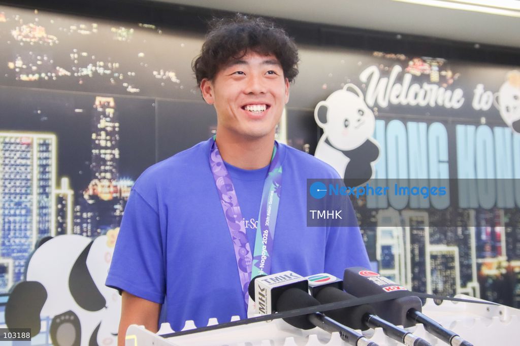 Hong Kong, China tennis player Coleman Wong speaks to reporters upon his return to Hong Kong at Hong Kong International Airport on October 8, 2026, following his men's singles tennis gold medal victory at the Asian Games. Wong says he hopes to break into the world's top 50 rankings. (Photo by Gordon Choi/TMHK via Nexpher Images)