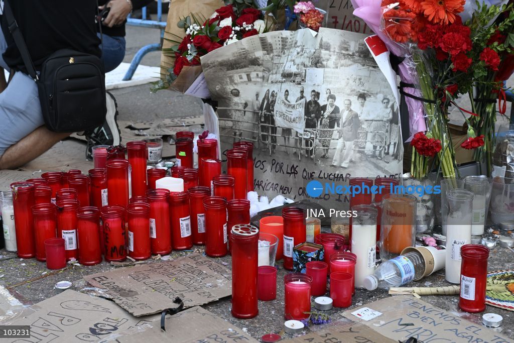 MADRID, SPAIN – OCTOBER 8, 2026: A shrine is displayed at Puerta del Sol in Madrid dedicated to Maricarmen Abascal, who died in hospital on October 7, 2026, two weeks after being evicted from her home. The shrine was placed at the central Madrid square following her death. Abascal’s death has drawn attention to her housing situation and the circumstances surrounding her eviction. Puerta del Sol is one of Madrid’s main public squares and a prominent location for public gatherings and memorials. Photo by Tomas Calle / JNA Press. (Photo by Tomas Calle/JNA Press via Nexpher Images)