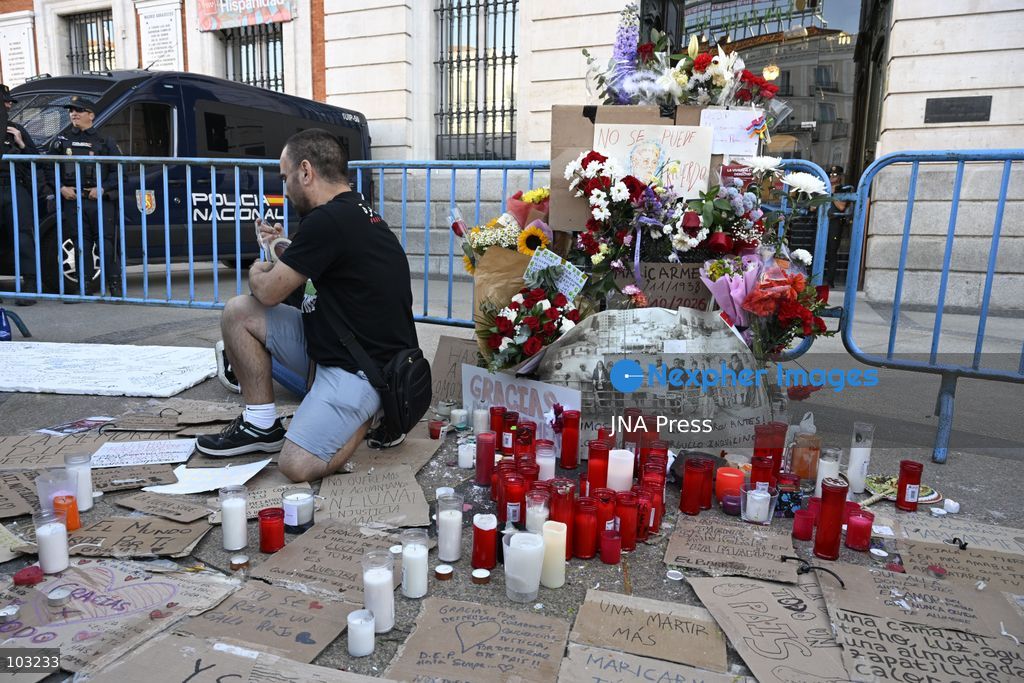 MADRID, SPAIN – OCTOBER 8, 2026: A shrine is displayed at Puerta del Sol in Madrid dedicated to Maricarmen Abascal, who died in hospital on October 7, 2026, two weeks after being evicted from her home. The shrine was placed at the central Madrid square following her death. Abascal’s death has drawn attention to her housing situation and the circumstances surrounding her eviction. Puerta del Sol is one of Madrid’s main public squares and a prominent location for public gatherings and memorials. Photo by Tomas Calle / JNA Press. (Photo by Tomas Calle/JNA Press via Nexpher Images)