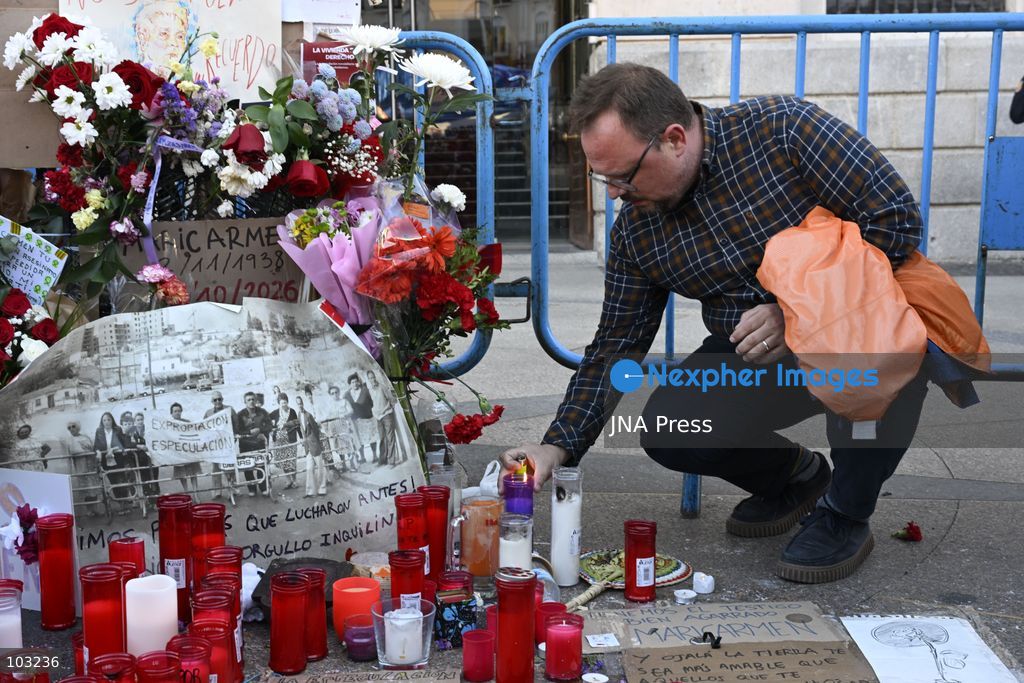 MADRID, SPAIN – OCTOBER 8, 2026: A shrine is displayed at Puerta del Sol in Madrid dedicated to Maricarmen Abascal, who died in hospital on October 7, 2026, two weeks after being evicted from her home. The shrine was placed at the central Madrid square following her death. Abascal’s death has drawn attention to her housing situation and the circumstances surrounding her eviction. Puerta del Sol is one of Madrid’s main public squares and a prominent location for public gatherings and memorials. Photo by Tomas Calle / JNA Press. (Photo by Tomas Calle/JNA Press via Nexpher Images)