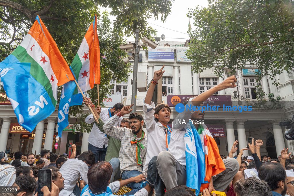 NEW DELHI, INDIA – OCTOBER 8, 2026: Rahul Gandhi, Priyanka Gandhi and other INDIA bloc leaders gather at Connaught Place before marching towards Rajghat during a protest over alleged irregularities in the electoral-roll Special Intensive Revision (SIR) process. The opposition leaders are protesting against Chief Election Commissioner Gyanesh Kumar and demanding action over what they describe as irregularities in the preparation and revision of electoral rolls. The protest forms part of the INDIA bloc’s campaign over alleged electoral irregularities, described by the opposition as “vote chori,” or vote theft. The march from Connaught Place to Rajghat brings together opposition leaders and supporters in New Delhi amid ongoing political debate over the electoral-roll revision process. Photo by Yanni Rawat / JNA Press (Photo by yanni rawat/JNA Press via Nexpher Images)