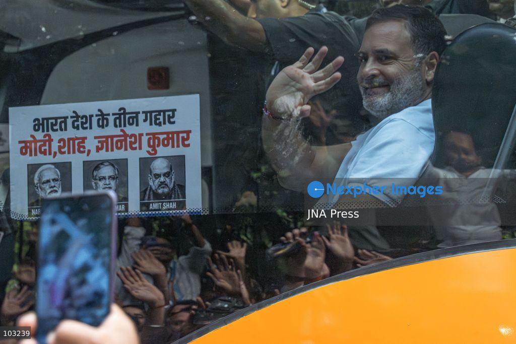 NEW DELHI, INDIA – OCTOBER 8, 2026: Rahul Gandhi, Priyanka Gandhi and other INDIA bloc leaders gather at Connaught Place before marching towards Rajghat during a protest over alleged irregularities in the electoral-roll Special Intensive Revision (SIR) process. The opposition leaders are protesting against Chief Election Commissioner Gyanesh Kumar and demanding action over what they describe as irregularities in the preparation and revision of electoral rolls. The protest forms part of the INDIA bloc’s campaign over alleged electoral irregularities, described by the opposition as “vote chori,” or vote theft. The march from Connaught Place to Rajghat brings together opposition leaders and supporters in New Delhi amid ongoing political debate over the electoral-roll revision process. Photo by Yanni Rawat / JNA Press (Photo by yanni rawat/JNA Press via Nexpher Images)
