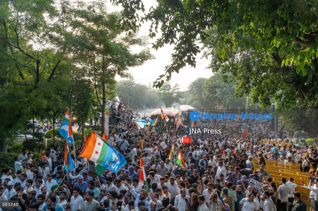 NEW DELHI, INDIA – OCTOBER 8, 2026: Rahul Gandhi, Priyanka Gandhi and other INDIA bloc leaders gather at Connaught Place before marching towards Rajghat during a protest over alleged irregularities in the electoral-roll Special Intensive Revision (SIR) process. The opposition leaders are protesting against Chief Election Commissioner Gyanesh Kumar and demanding action over what they describe as irregularities in the preparation and revision of electoral rolls. The protest forms part of the INDIA bloc’s campaign over alleged electoral irregularities, described by the opposition as “vote chori,” or vote theft. The march from Connaught Place to Rajghat brings together opposition leaders and supporters in New Delhi amid ongoing political debate over the electoral-roll revision process. Photo by Yanni Rawat / JNA Press (Photo by yanni rawat/JNA Press via Nexpher Images)