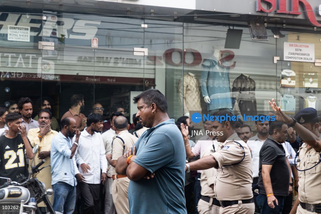 BHOPAL, MADHYA PRADESH, INDIA, OCTOBER 8, 2026: Firefighters battle a major fire at the New Market commercial area in Bhopal on Thursday afternoon. The blaze reportedly started at a fast-food outlet before spreading to several nearby shops, including clothing, kitchenware and mobile phone stores. More than 15 fire engines were deployed to contain the flames as thick smoke rose above the crowded shopping district. Photo by Sauvik Acharyya / JNA Press. (Photo by Sauvik Acharyya/JNA Press via Nexpher Images)