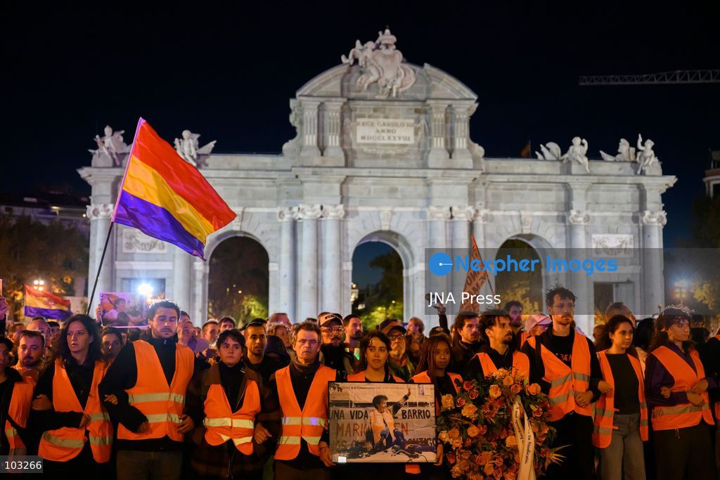 MADRID, SPAIN, OCTOBER 8, 2026: Thousands of people march through central Madrid in memory of Maricarmen Abascal, an 87-year-old woman who died on October 7, two weeks after being evicted from the apartment where she had lived for 71 years. Organized by the Sindicato de Inquilinas de Madrid, the march began at Puerta del Sol and ended outside Abascal's former home in the Retiro district. Around 20,000 people participated, according to the Spanish government's delegation in Madrid. Abascal's eviction on September 23 sparked widespread housing protests and encampments across Spain, with demonstrators demanding stronger tenant protections and measures against evictions. Photo by Tomas Calle / JNA Press. (Photo by Tomas Calle/JNA Press via Nexpher Images)