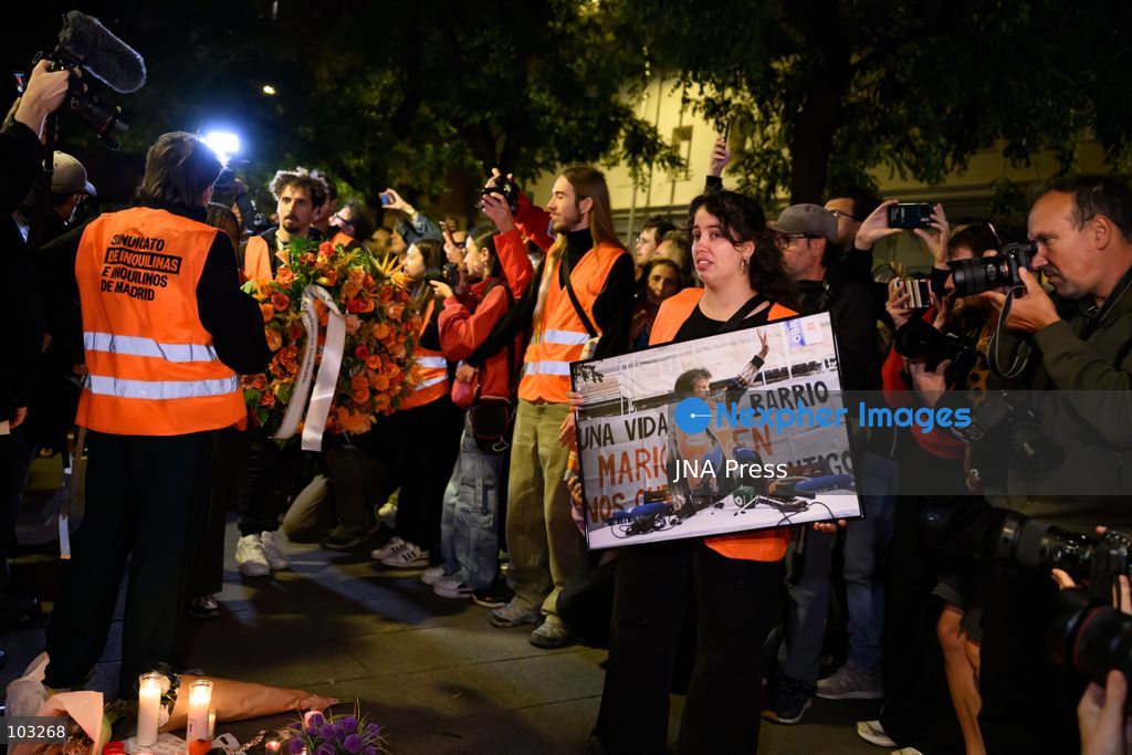 MADRID, SPAIN, OCTOBER 8, 2026: Thousands of people march through central Madrid in memory of Maricarmen Abascal, an 87-year-old woman who died on October 7, two weeks after being evicted from the apartment where she had lived for 71 years. Organized by the Sindicato de Inquilinas de Madrid, the march began at Puerta del Sol and ended outside Abascal's former home in the Retiro district. Around 20,000 people participated, according to the Spanish government's delegation in Madrid. Abascal's eviction on September 23 sparked widespread housing protests and encampments across Spain, with demonstrators demanding stronger tenant protections and measures against evictions. Photo by Tomas Calle / JNA Press. (Photo by Tomas Calle/JNA Press via Nexpher Images)