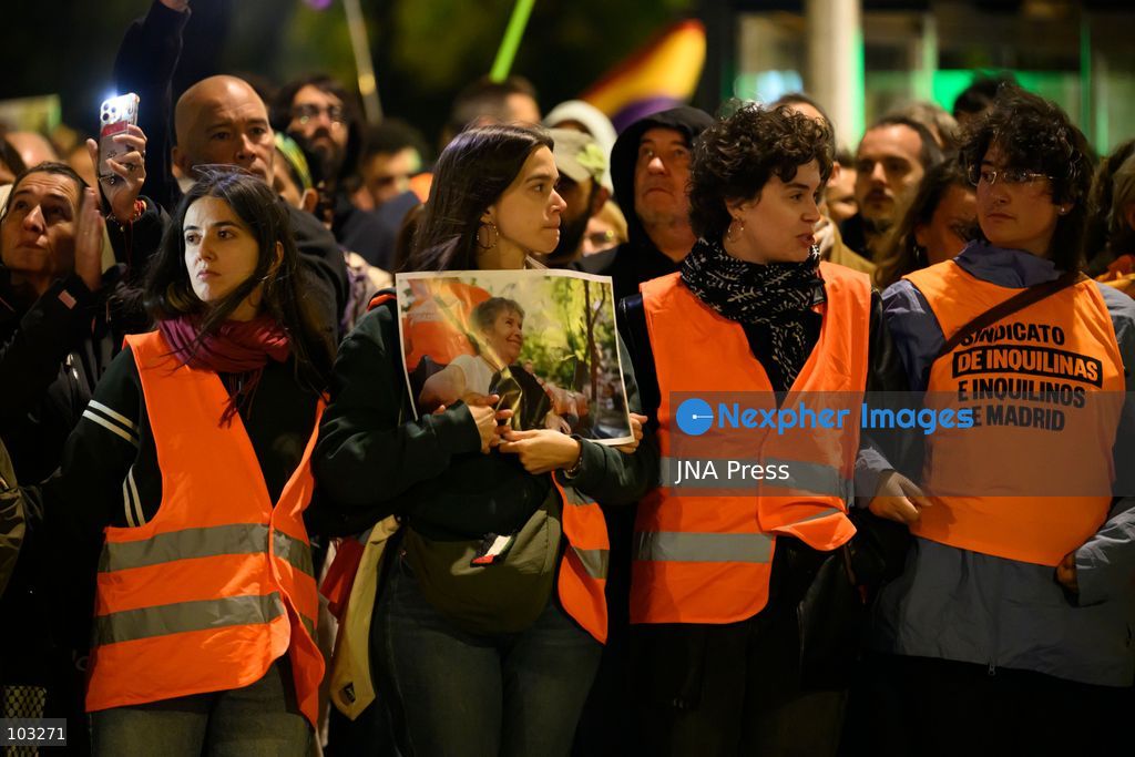 MADRID, SPAIN, OCTOBER 8, 2026: Thousands of people march through central Madrid in memory of Maricarmen Abascal, an 87-year-old woman who died on October 7, two weeks after being evicted from the apartment where she had lived for 71 years. Organized by the Sindicato de Inquilinas de Madrid, the march began at Puerta del Sol and ended outside Abascal's former home in the Retiro district. Around 20,000 people participated, according to the Spanish government's delegation in Madrid. Abascal's eviction on September 23 sparked widespread housing protests and encampments across Spain, with demonstrators demanding stronger tenant protections and measures against evictions. Photo by Tomas Calle / JNA Press. (Photo by Tomas Calle/JNA Press via Nexpher Images)