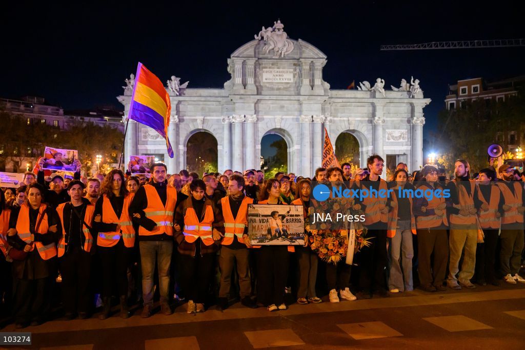 MADRID, SPAIN, OCTOBER 8, 2026: Thousands of people march through central Madrid in memory of Maricarmen Abascal, an 87-year-old woman who died on October 7, two weeks after being evicted from the apartment where she had lived for 71 years. Organized by the Sindicato de Inquilinas de Madrid, the march began at Puerta del Sol and ended outside Abascal's former home in the Retiro district. Around 20,000 people participated, according to the Spanish government's delegation in Madrid. Abascal's eviction on September 23 sparked widespread housing protests and encampments across Spain, with demonstrators demanding stronger tenant protections and measures against evictions. Photo by Tomas Calle / JNA Press. (Photo by Tomas Calle/JNA Press via Nexpher Images)